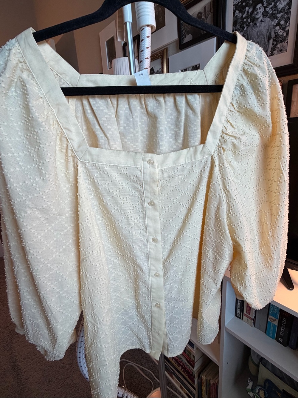 H&M Light Yellow Eyelet Square Neck Puff Sleeve Blouse